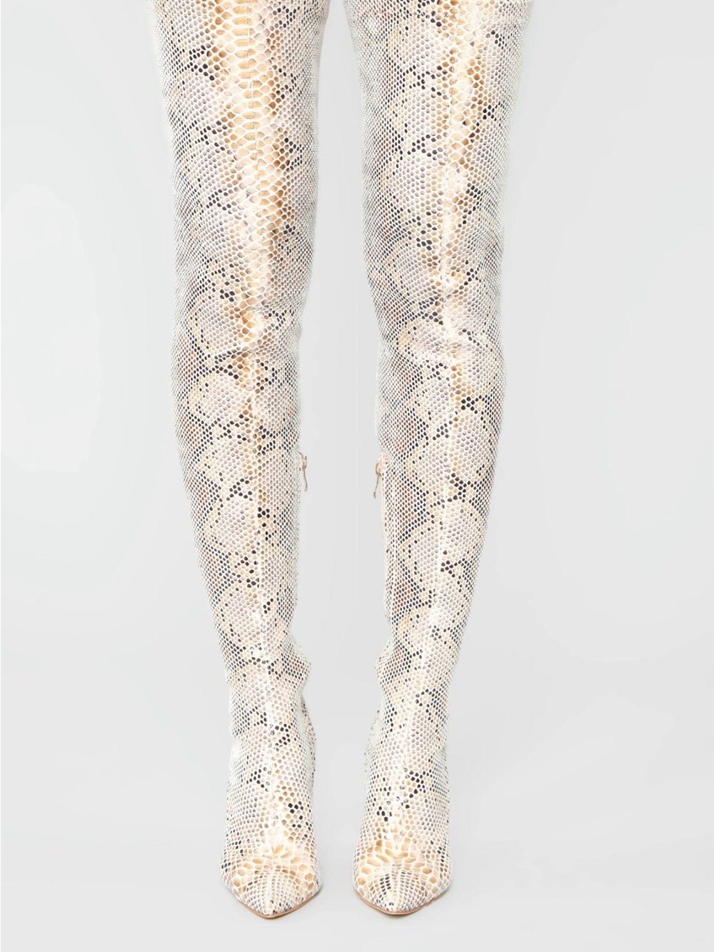 Over-the-Knee Snakeskin Pointed Toe Boots in Cream